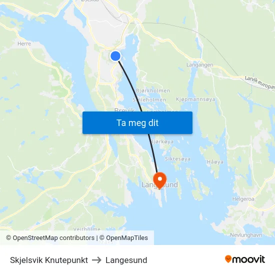 Skjelsvik Knutepunkt to Langesund map