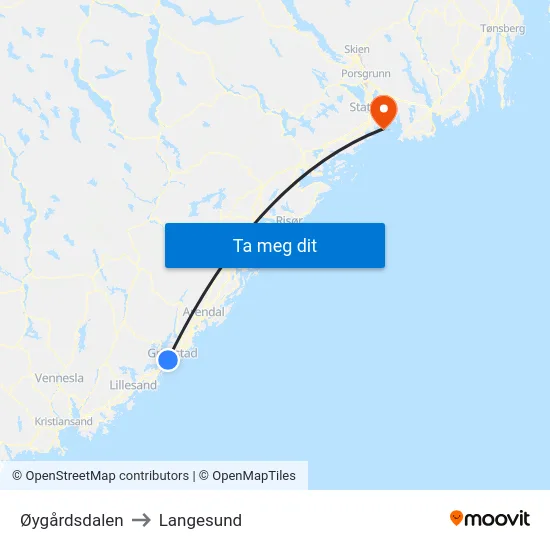 Øygårdsdalen to Langesund map