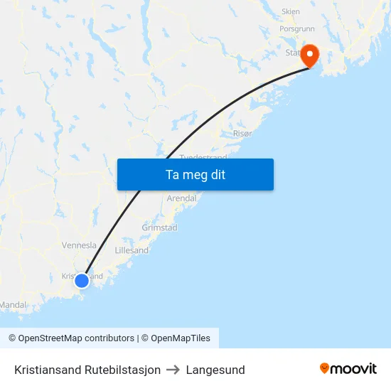 Kristiansand Rutebilstasjon to Langesund map