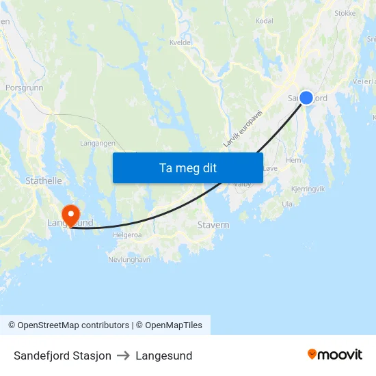 Sandefjord Stasjon to Langesund map
