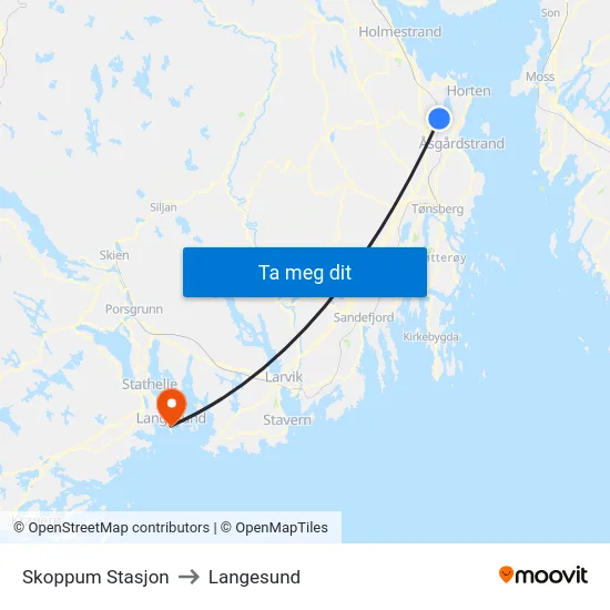 Skoppum Stasjon to Langesund map