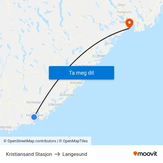 Kristiansand Stasjon to Langesund map