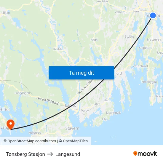 Tønsberg Stasjon to Langesund map
