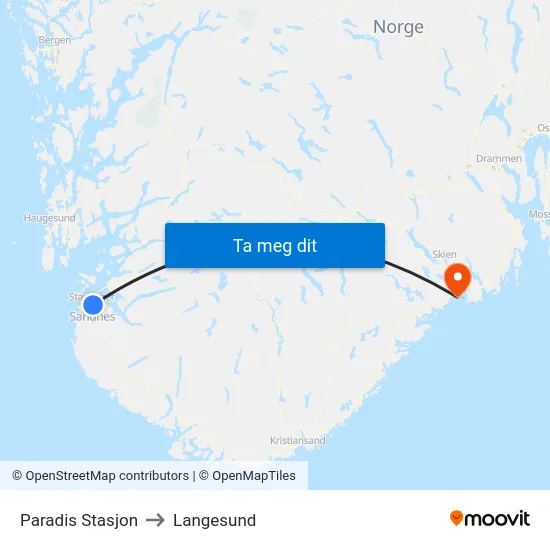 Paradis Stasjon to Langesund map