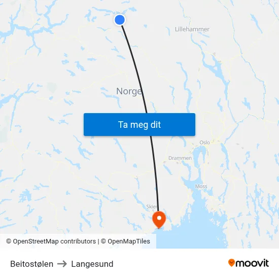 Beitostølen to Langesund map