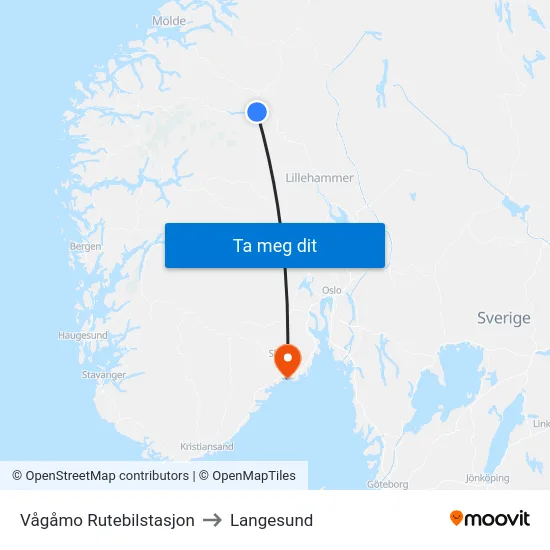 Vågåmo Rutebilstasjon to Langesund map
