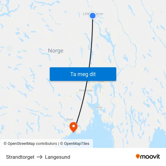 Strandtorget to Langesund map