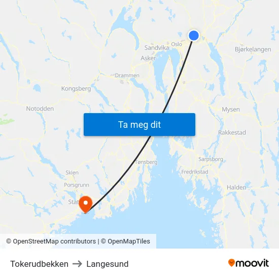 Tokerudbekken to Langesund map