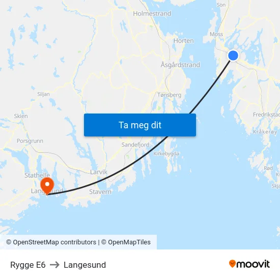 Rygge E6 to Langesund map