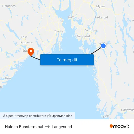Halden Bussterminal to Langesund map