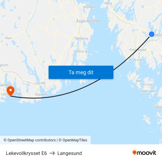 Lekevollkrysset E6 to Langesund map