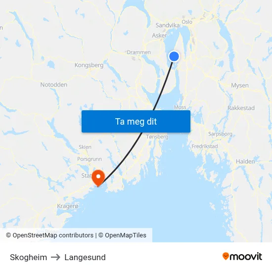 Skogheim to Langesund map