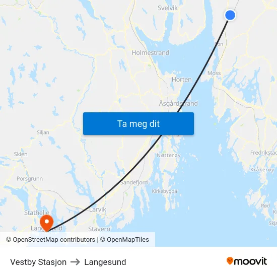 Vestby Stasjon to Langesund map