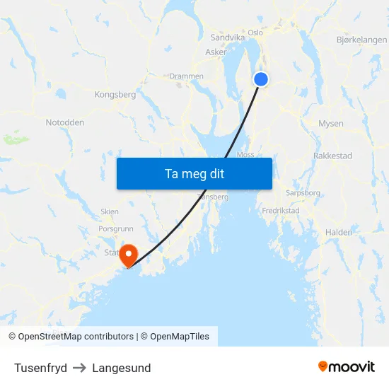 Tusenfryd to Langesund map