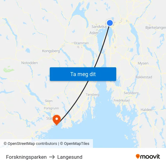 Forskningsparken to Langesund map