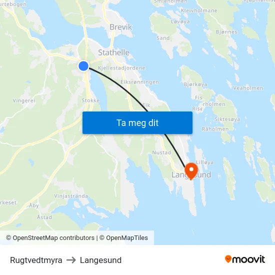 Rugtvedtmyra to Langesund map