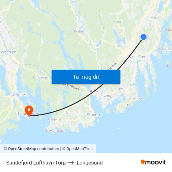 Sandefjord Lufthavn Torp to Langesund map