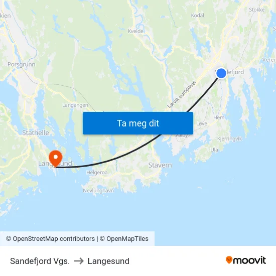 Sandefjord Vgs. to Langesund map