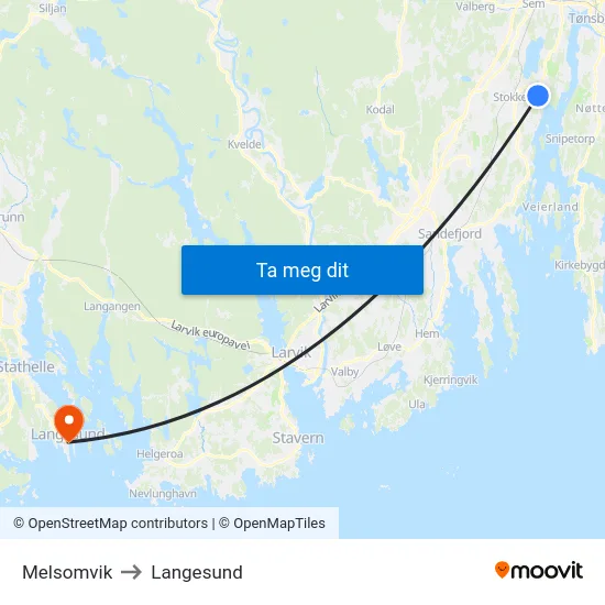 Melsomvik to Langesund map