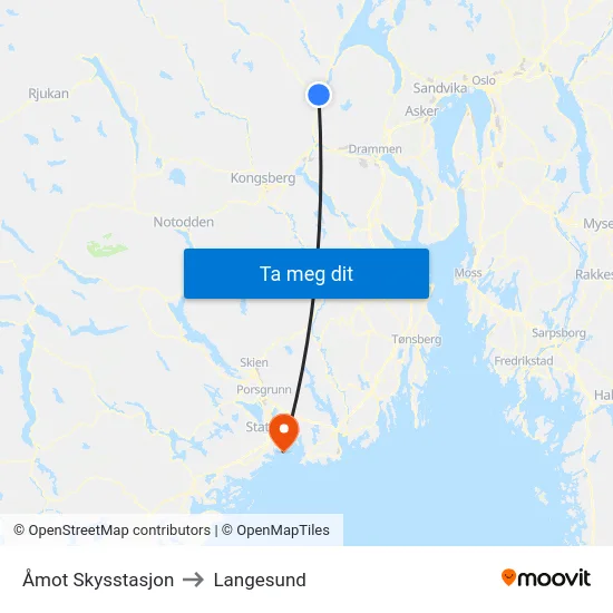Åmot Skysstasjon to Langesund map