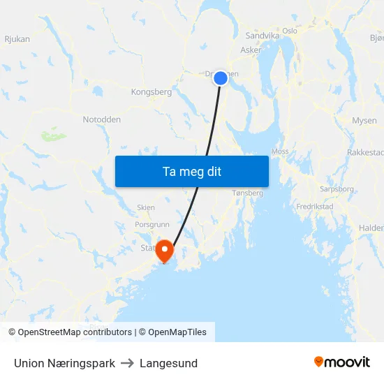 Union Næringspark to Langesund map