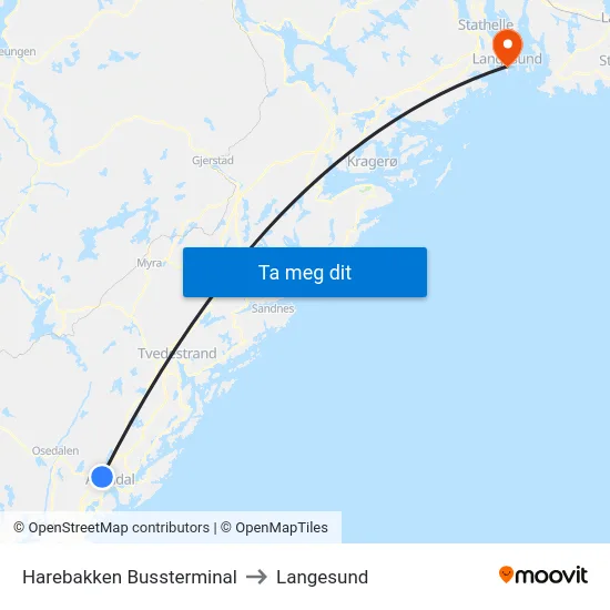 Harebakken Bussterminal to Langesund map