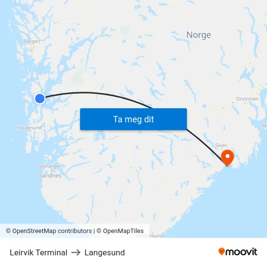 Leirvik Terminal to Langesund map