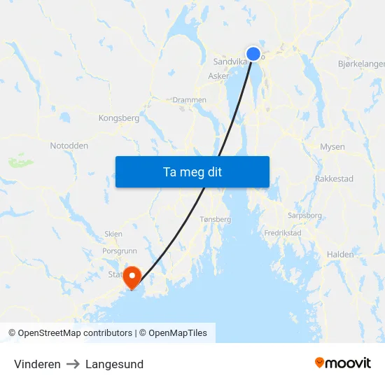 Vinderen to Langesund map