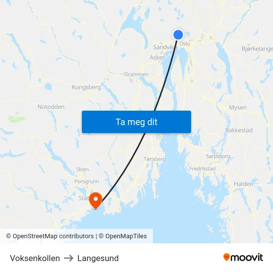 Voksenkollen to Langesund map