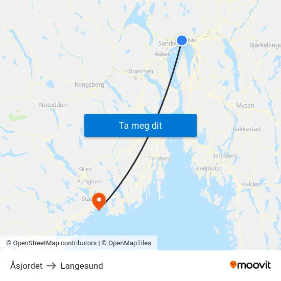 Åsjordet to Langesund map