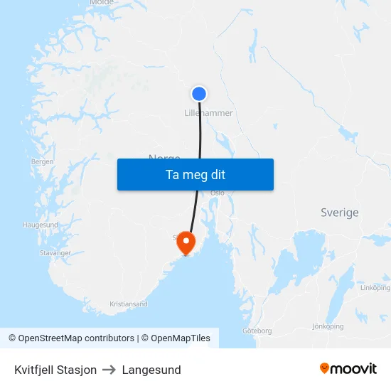 Kvitfjell Stasjon to Langesund map