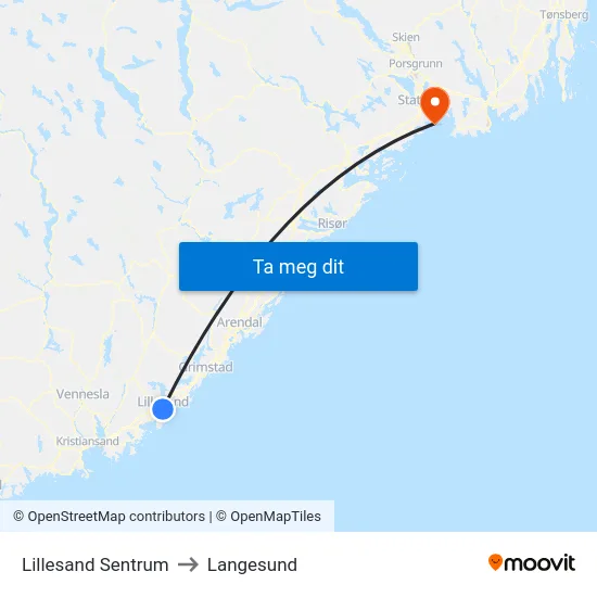 Lillesand Sentrum to Langesund map