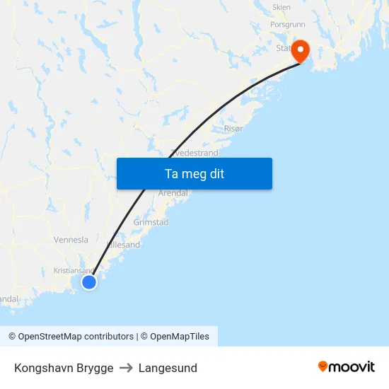 Kongshavn Brygge to Langesund map