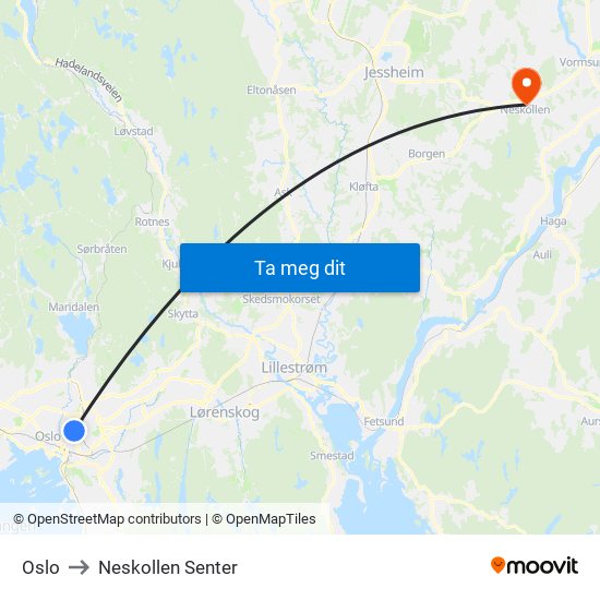 Oslo to Neskollen Senter map
