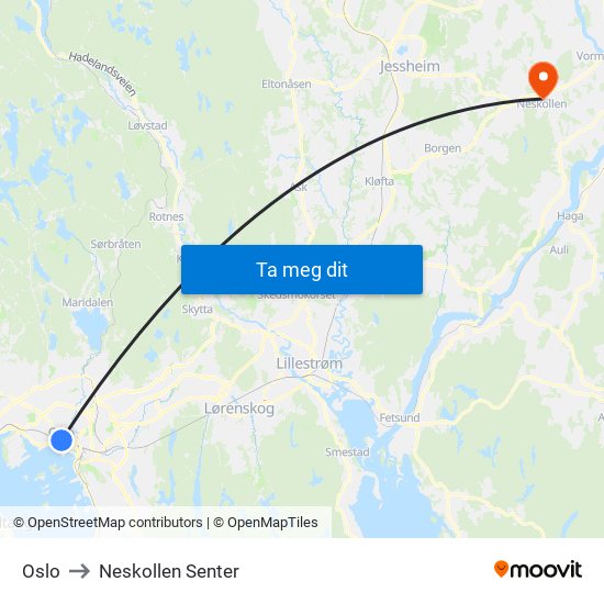 Oslo to Neskollen Senter map