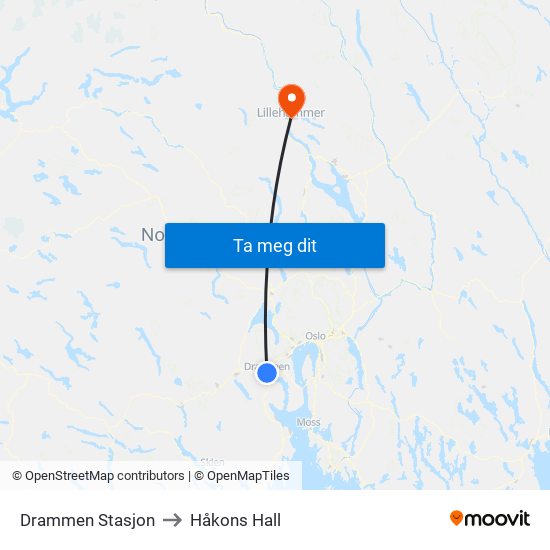 Drammen Stasjon to Håkons Hall map