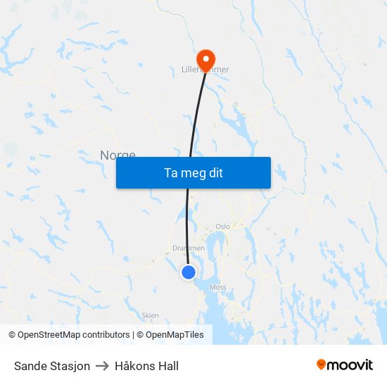 Sande Stasjon to Håkons Hall map