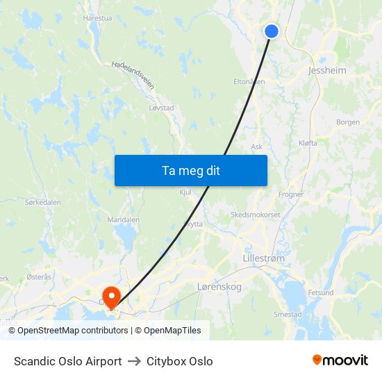 Scandic Oslo Airport to Citybox Oslo map