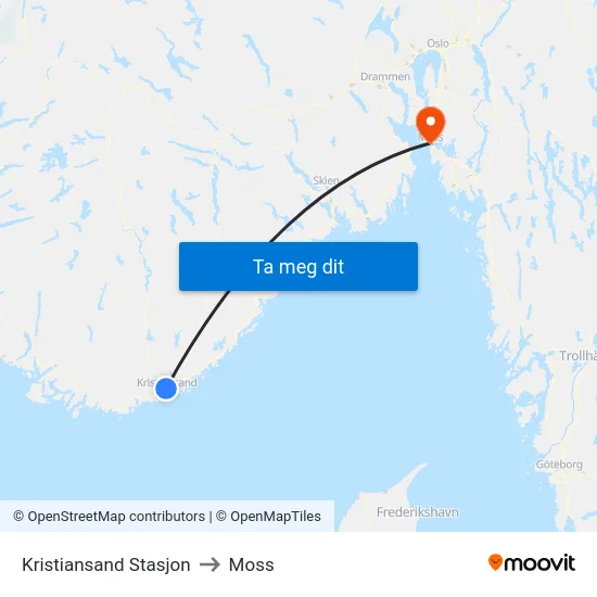 Kristiansand Stasjon to Moss map