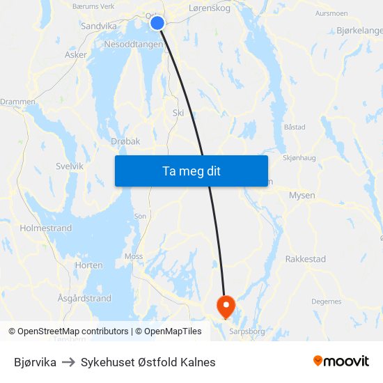 Bjørvika to Sykehuset Østfold Kalnes map