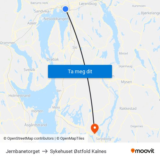 Jernbanetorget to Sykehuset Østfold Kalnes map