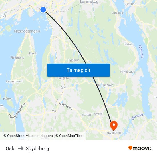 Oslo to Spydeberg map