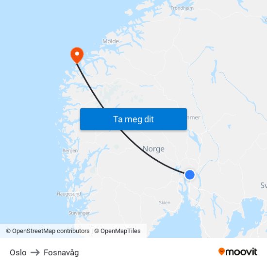 Oslo to Fosnavåg map