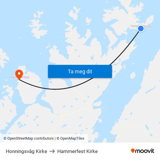 Honningsvåg Kirke to Hammerfest Kirke map