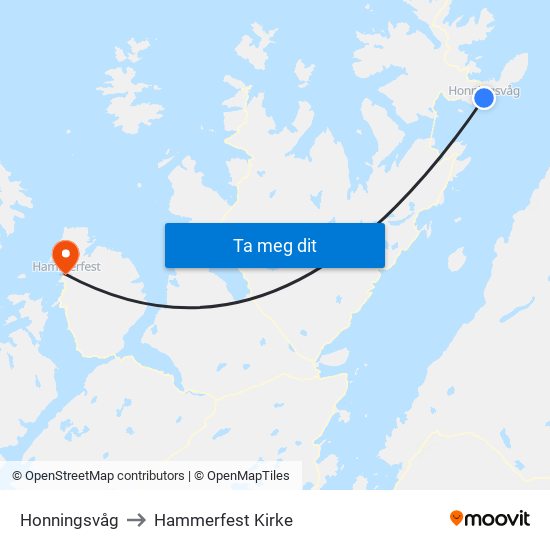 Honningsvåg to Hammerfest Kirke map