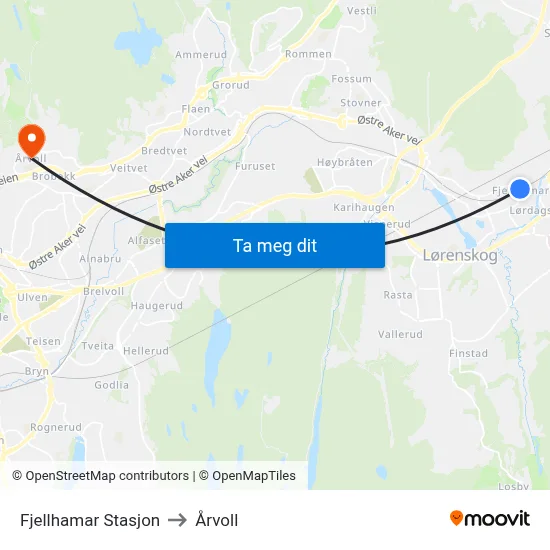 Fjellhamar Stasjon to Årvoll map