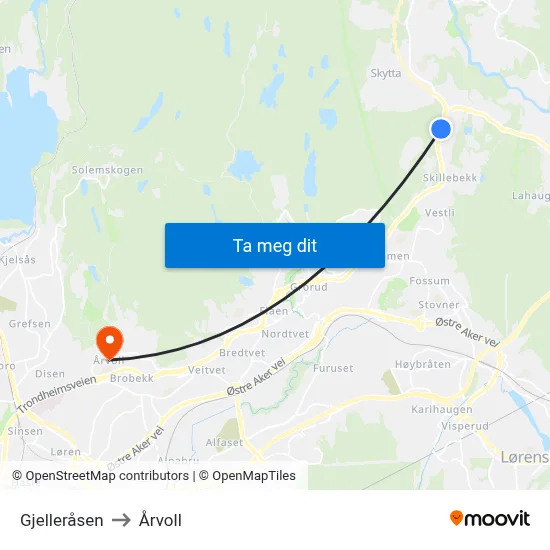 Gjelleråsen to Årvoll map