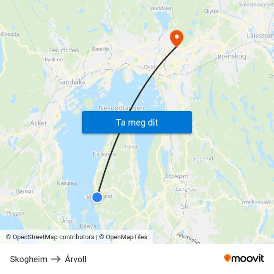 Skogheim to Årvoll map