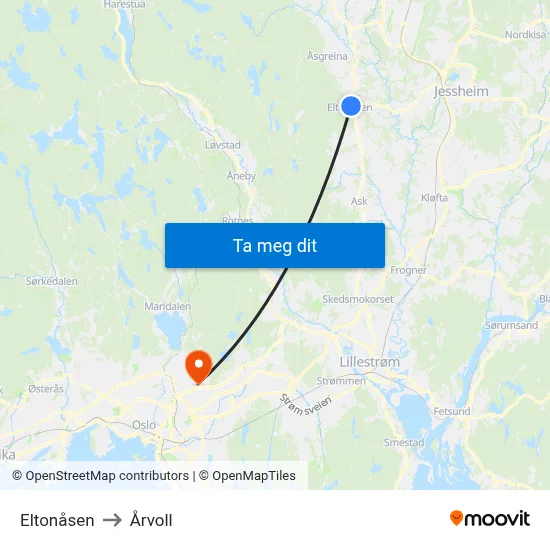 Eltonåsen to Årvoll map