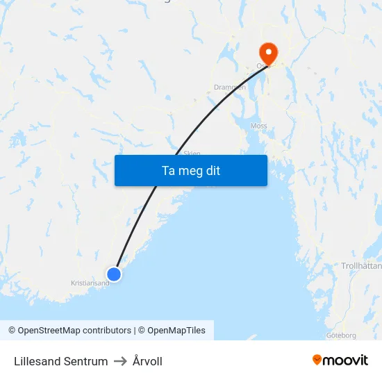 Lillesand Sentrum to Årvoll map